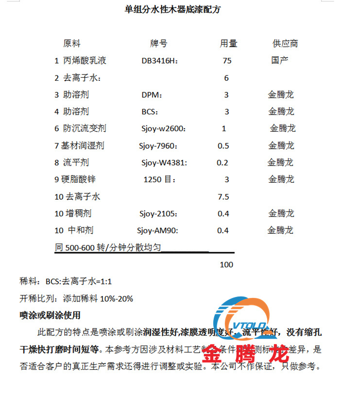 單組分水性木器底漆配方