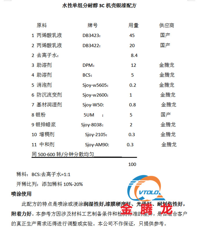 水性單組分耐醇3C機殼銀漆配方